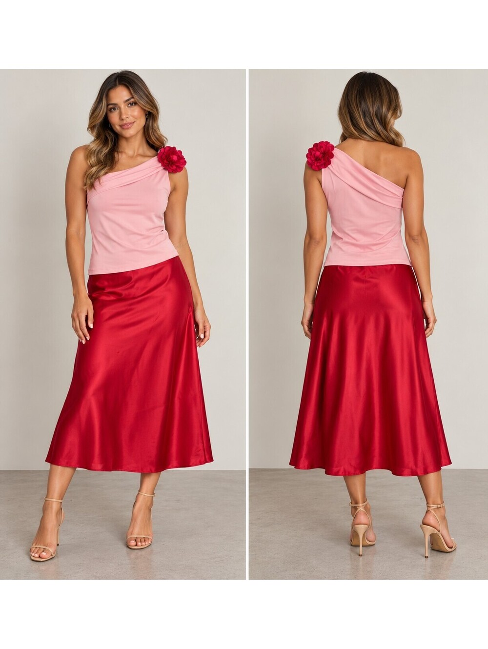3-Piece Pink & Red Outfit Lot – ICÔNE Satin Midi Skirt + 2 Pink Pieces – M/L